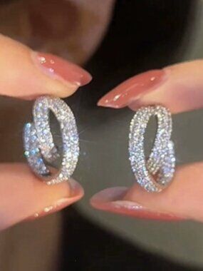 Women Full Paved Crystal Intertwined Circle Earrings Silver Modern Statement Ear